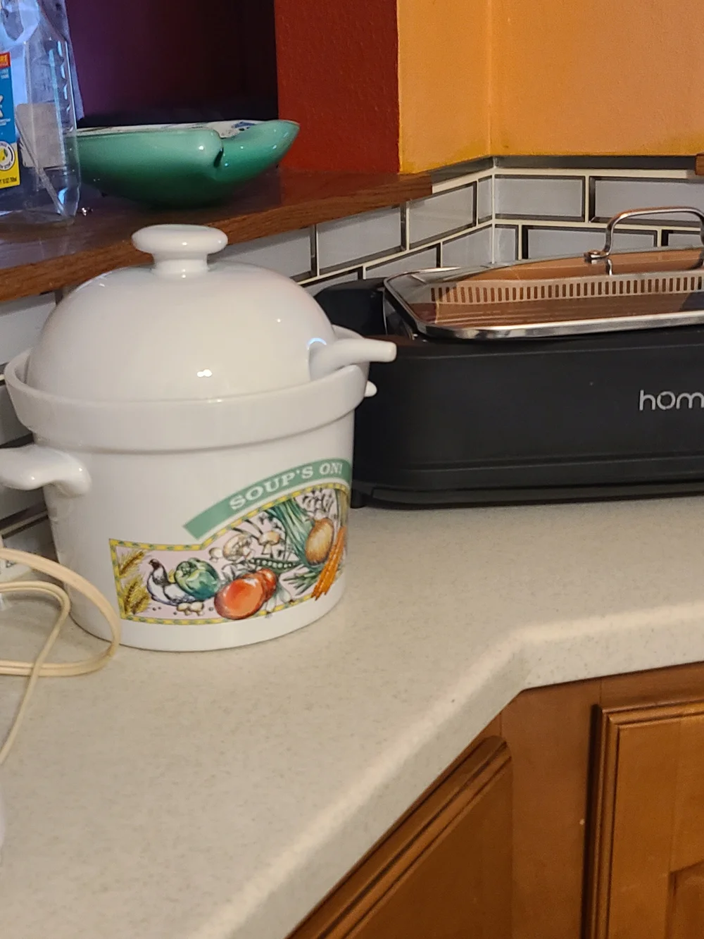 Vintage White Ceramic Soup Tureen with Colorful Vegetable Motif